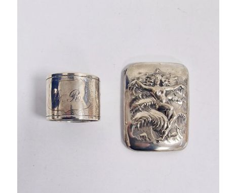 Early 20th century silver-coloured metal card case, repousse decorated with female nude, gilt interior, initialled to reverse