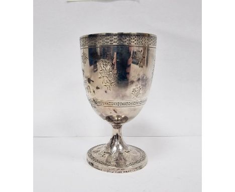 Victorian silver goblet, with engraved foliate decoration throughout, with gilt interior, raised upon circular pedestal base 