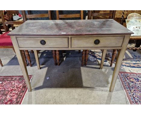 Painted wood side table with marbled finish top, pair frieze drawers with metal drop ring handles, on square tapering support