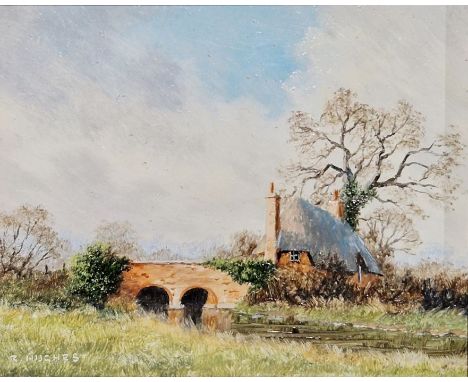 Robert Hughes (1934-2010) Two miniature paintings of traditional British landscapes, titled 'By a stream' 7233 and 'A Wiltshi