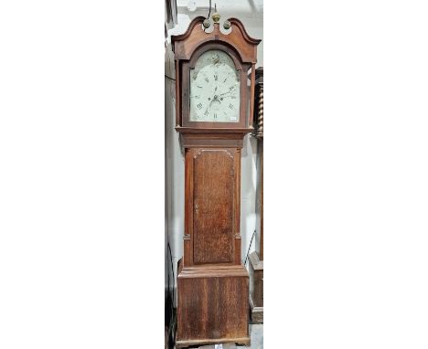 19th century eight-day longcase clock&nbsp;in oak, the painted arch dial decorated with bird and pink roses, with supplementa