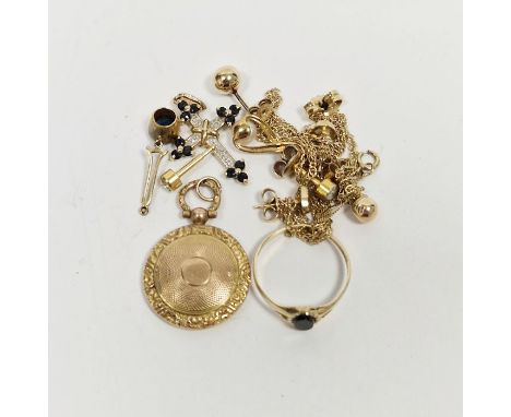 9ct gold and oval onyx set ring, 0.8g, gold and gold-coloured earrings, a gold cross&nbsp;set with sapphires and other items 