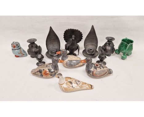 Collection of 20th century Mexican pottery including painted pottery models of ducks and pigeon similar, which when blown int