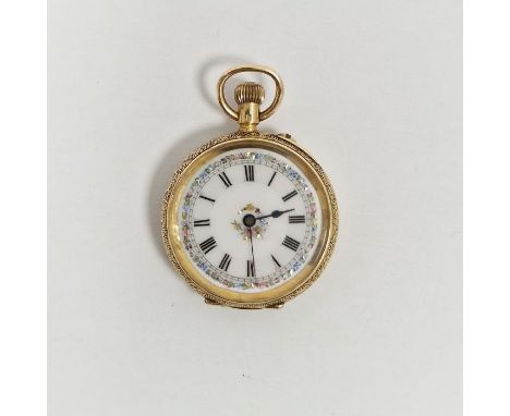 Lady's 18ct gold cased fob watch, the circular enamel dial with Roman numerals denoting hours, surrounded by painted foliate 