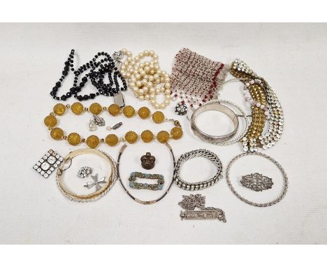 Assorted costume jewellery&nbsp;to include silver and marcasite brooch, beaded necklaces, gold-plated bangle, etc (2 boxes)&n