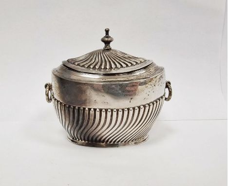 Victorian silver tea caddy, two-handled, oval shaped with gilt interior, London 1896, maker's mark worn,&nbsp;10cm high, 138g