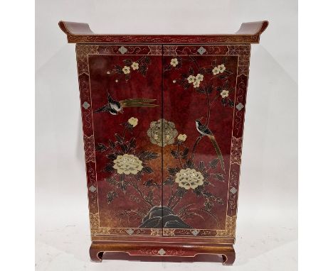 Pair reproduction Chinese lacquer side cabinets having pair panel doors, allover decorated to red ground in gilt and painted 