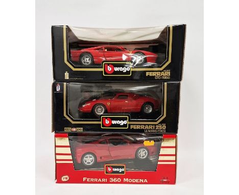 Three boxed Burago 1/18 scale diecast model cars&nbsp;to include cod. 3358 Ferrari 360 Modena (1999), cod. 3027 Ferrari GTO (