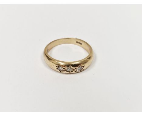 9ct gold and diamond three-stone ring, each diamond in star setting, 3g approx.&nbsp;