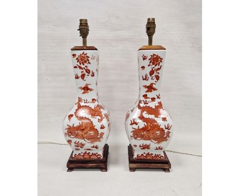 Two modern Chinese-style lamp bases, printed in iron red with scrolling dragons chasing flaming pearls (2)