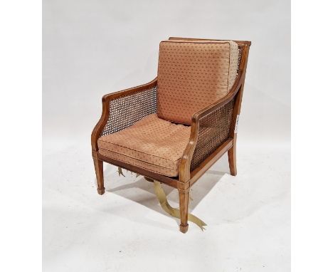 Early 20th century square-back bergere single cane armchair with damask loose cushions, on square tapering supports&nbsp;Cond