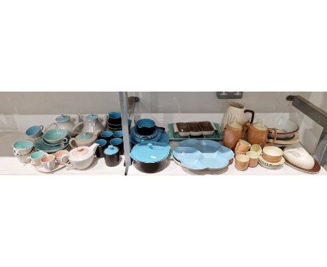 Poole pottery mid-century part tea and coffee service&nbsp;decorated in green, blue and peach shades, including two teapots, 