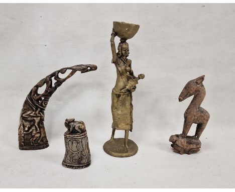 Assorted collectables to include an unusual carved wooden tribal model, possibly African, depicting a stylised donkey on a to