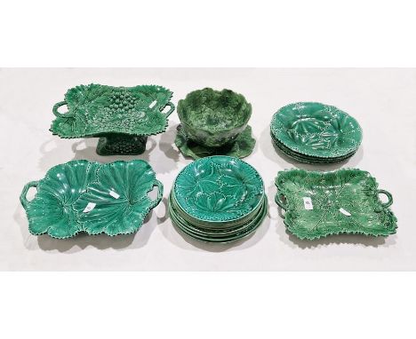 19th century green glazed majolica fruit stand, two-handled, fruiting vine embossed and a similar two-handled dessert dish, a
