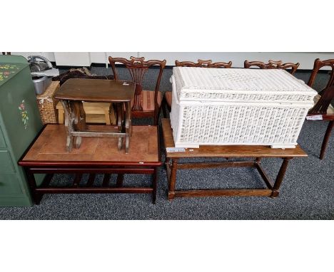 Modern stained wood tile-top coffee table, rectangular, two Ercol dark elm nesting occasional tables,&nbsp;a white cane blank