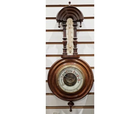 Small Victorian banjo barometer with arched top decoration with drop ball finials, visible aneroid mechanism, 53cm&nbsp;