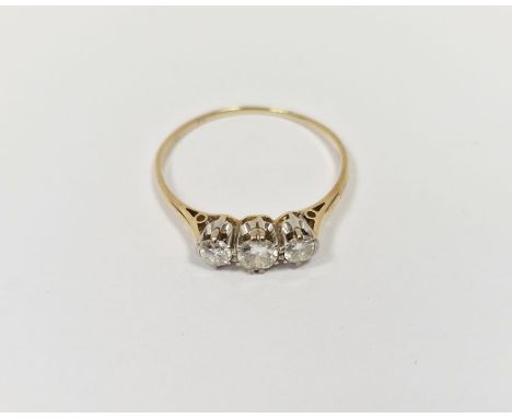 Gold and diamond three-stone ring&nbsp;(band worn), in Connard &amp; Sons fitted box, 1.7g&nbsp;