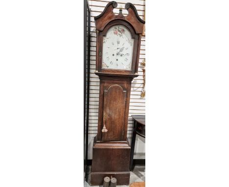 Late Georgian eight-day longcase clock&nbsp;of small proportions, in oak case, the arched painted dial with square date apert