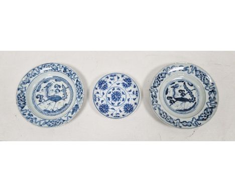 Two Chinese porcelain blue and white small plates, 19th century, each painted with a stylised bird within scroll and foliate 
