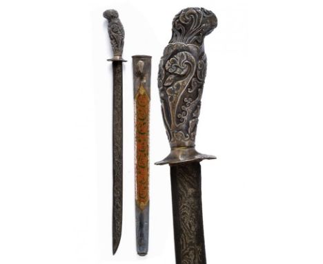 dating: circa 1900 provenance: Giava, Straight, single-edged blade, in pamor. Grip completely covered with silver foil, embos