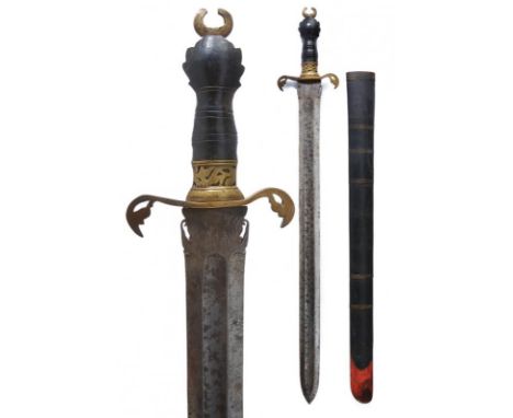 dating: 19th Century provenance: Sumatra, Wide, straight, double-edged blade with central fuller, engraved tang, chiselled an