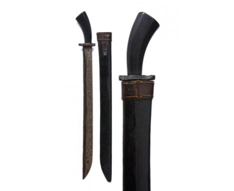dating: 20th Century provenance: Giava, Wide, fine, single-edged blade, in fine pamor, with fine drawing. Wooden grip. Wooden