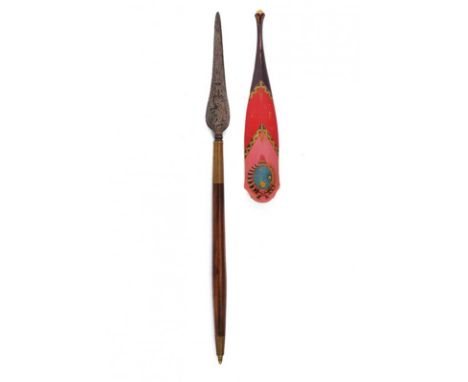 dating: 19th Century provenance: Giava, Double-edged lance head in fine pamor, with enlarged base, on a wooden, cylindrical h