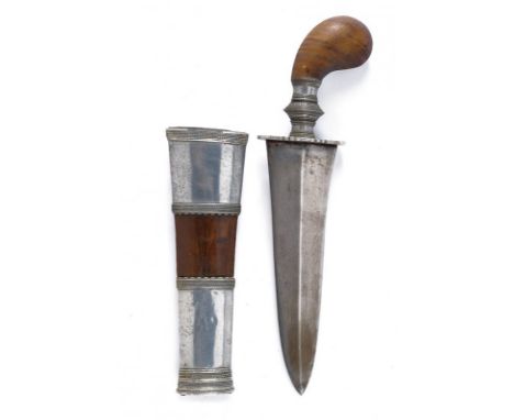 dating: 20th Century provenance: Indonesia, Wide, double-edged blade, ribbed in the center. Wooden grip, with white metal bas