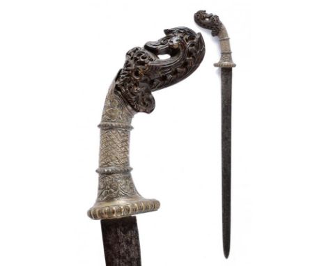 dating: Late 19th Century provenance: Sumatra, Straight, single-edged blade, in pamor. Horn hilt, richly embossed and pierced