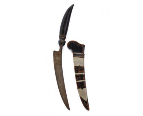 dating: 20th Century provenance: Sumatra, Curved, single-edged blade, horn, embossed grip, wooden scabbard, slightly embossed