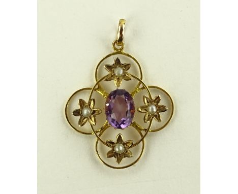 A 9ct gold amethyst and pearl set pendant, length excluding bale 25mm.