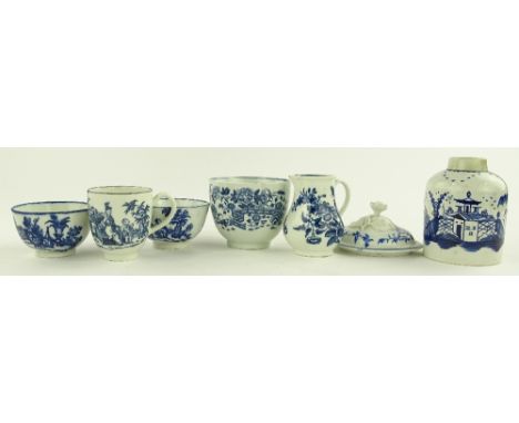 A group of early English porcelain, including a Worcester blue and white sparrow beak jug, Worcester blue and white cup, etc.