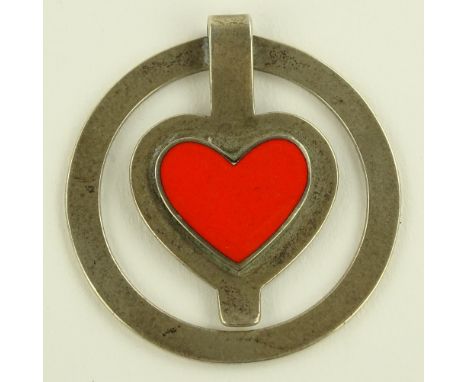 A Georg Jensen silver and red enamel heart design money clip/bookmark, diameter 5cm.