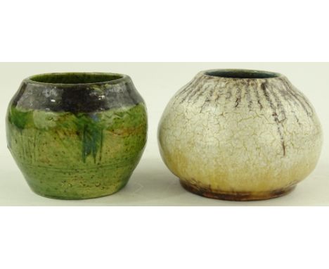 A Michael Cardew Studio Pottery vase, green treacle glaze with incised monogram, height 7cm, together with another Studio vas