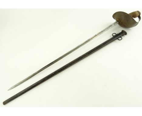 A Victorian cavalry sword, steel basket hilt, blade length 88cm, metal scabbard.
