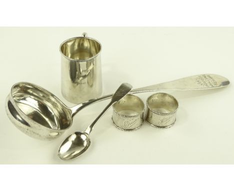 Continental silver punch ladle, indistinct marks, dated 1893, silver Christening mug, napkin rings, etc., 10.35 oz total.