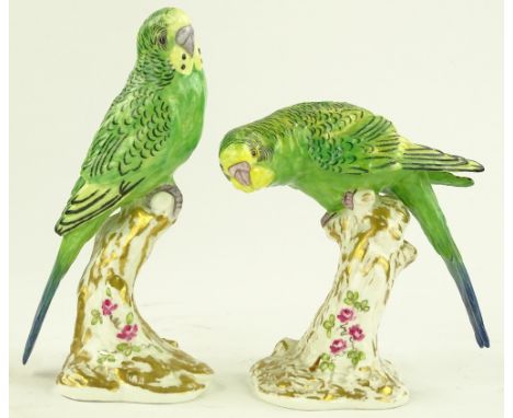 2 Royal Worcester porcelain budgerigar, largest height 17cm.