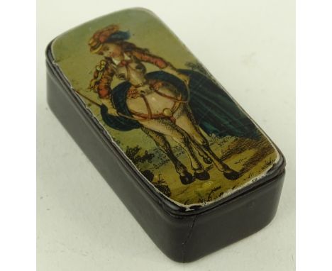 A Victorian papier-mache snuff box with naughty printed scene, woman riding a donkey, length 6.5cm.