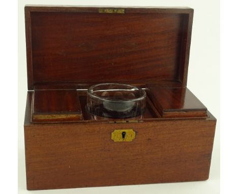 A Victorian mahogany tea caddy, fitted inner canisters and cut-glass bowl, length 33cm.
