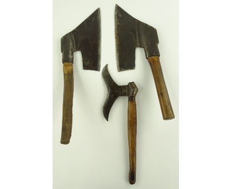 2 Antique goose wing side axes,and another axe with decorative blade, (3).
