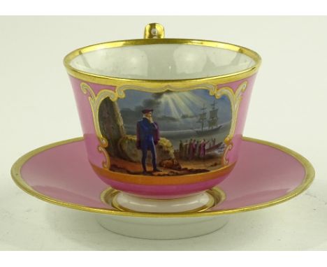 A Flight Barr & Barr period Worcester porcelain cabinet cup and saucer, hand painted panel depicting the deserted village, sa