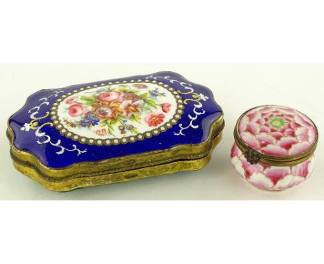 A French brass and enamel box circa 1920, hand painted floral enamel lid, length 11.5cm and a small circular enamel box with 