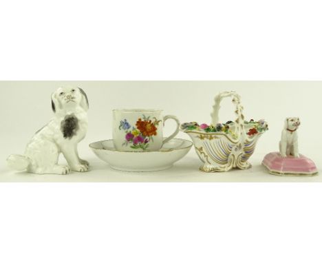 A group of English and continental porcelain, including a Chamberlain's Worcester basket, length 13cm, a Meissen painted porc