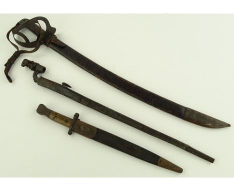 A curved sword, blade marked Hembrug, with leather scabbard and 2 other bayonets, (3).