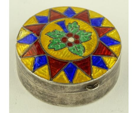 A sterling silver and coloured enamel pill box, 37mm diameter.