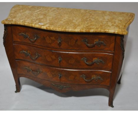 A Kingwood walnut and marquetry decorated serpentine front commode, with shaped marble top and ormolu mounts, width 4', heigh