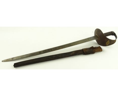 A 19th century sword, with iron hilt, various stamps to the blade, blade length 66cm, leather scabbard.