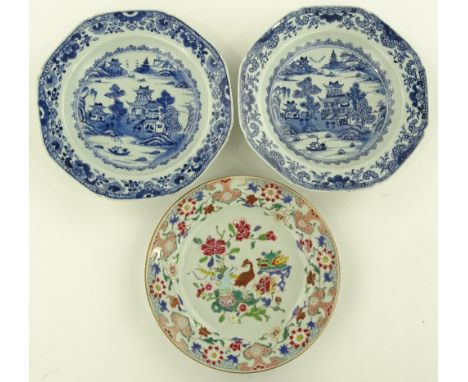 A pair of Chinese blue and white porcelain bowls, painted pagoda scenes, diameter 22.5cm and a Chinese Famille Rose enamel pl