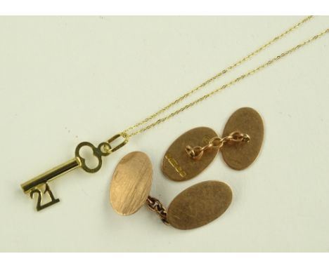 A pair of 9ct gold oval cufflinks, 4.5g and a 9ct gold key design pendant on chain.