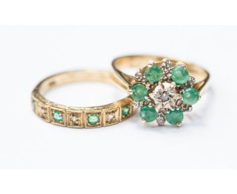 An emerald and diamond eternity ring, stamped 375, along with an emerald and diamond cluster ring stamped 375, sizes M1/2 and